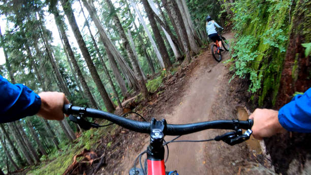 istock Mountain bikers descend through forest on muddy trail 1173966690