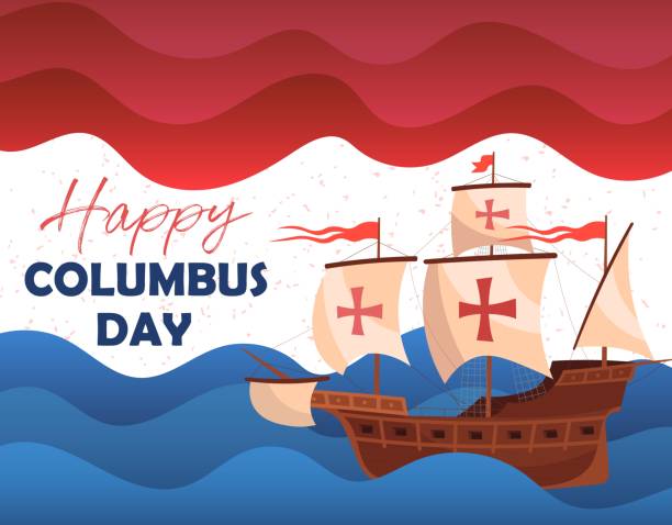 Happy Columbus Day greeting card or poster design showing a historic wooden schooner Happy Columbus Day greeting card or poster design showing a historic wooden schooner sailing the ocean with text on red, white and blue. Vector Illustration. columbus day stock illustrations