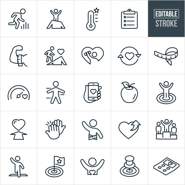 A set of fitness goals icons that include editable strokes or outlines using the EPS vector file. The icons include a runner, person on top of a mountain, goal meter, goal thermostat, clipboard, measuring muscle, climbing mountain, lifting weights, tape measure, apple, health goals, target, high five, waistline, skinny person, winner, person crossing the finish line and other health fitness goal related icons.