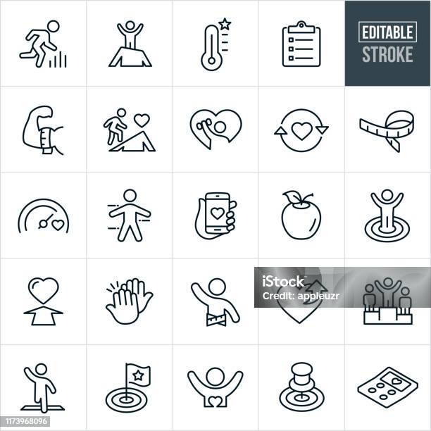 Fitness Goals Thin Line Icons Ediatable Stroke Stock Illustration - Download Image Now - Icon, Wellbeing, Healthy Lifestyle