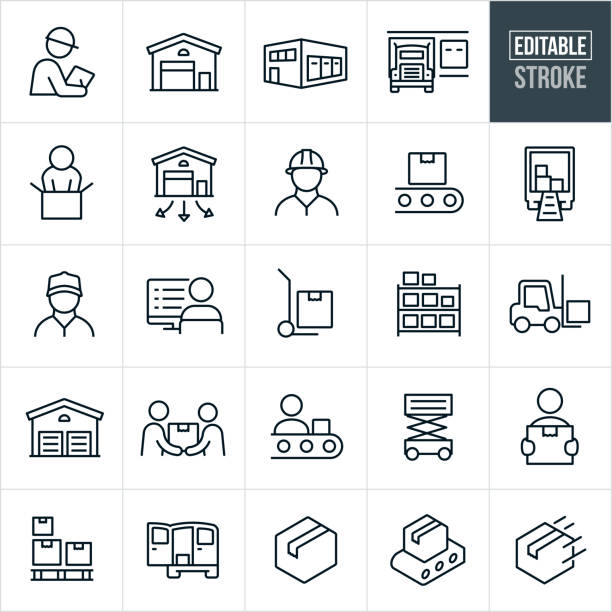 A set of distribution warehouse icons that include editable strokes or outlines using the EPS vector file. The icons include a warehouse, warehouse supervisor, loading dock, semi-truck, person packaging, warehouse worker, conveyor belt, package, truck with boxes, blue collar worker, person at computer, hand dolly, inventory, forklift, package delivery, assembly line and other related icons.