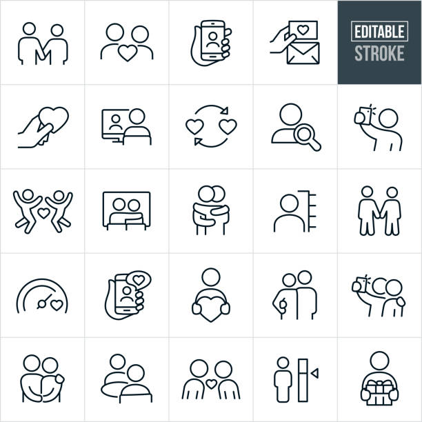 Dating Thin Line Icons - Ediatable Stroke A set of dating and online dating icons that include editable strokes or outlines using the EPS vector file. The icons include a couple holding hands, couple in love, online profile, searching online, online dating using smartphone, love note, heart, love, person on computer, search, selfie, couple at movies, couple hugging, love meter, couple holding each other, couple with arm around shoulder, couple eating together, couple leaning in for kiss and a person giving a gift to name just a few. romantic stock illustrations