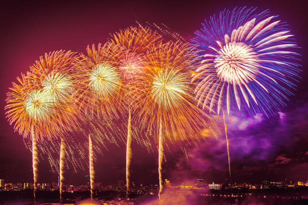 istock Set of colorful fireworks isolated on dark background. 1173985159