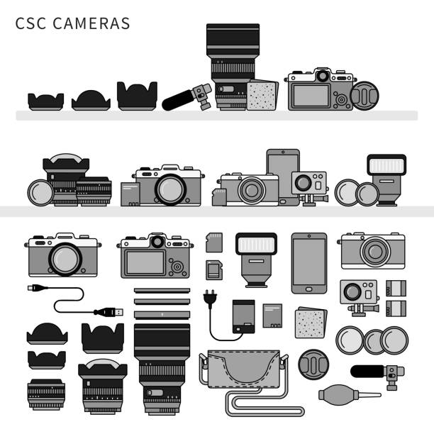 사진 장비 플랫 라인. 선 흑백 벡터 그림입니다. - compact flash illustrations stock illustrations