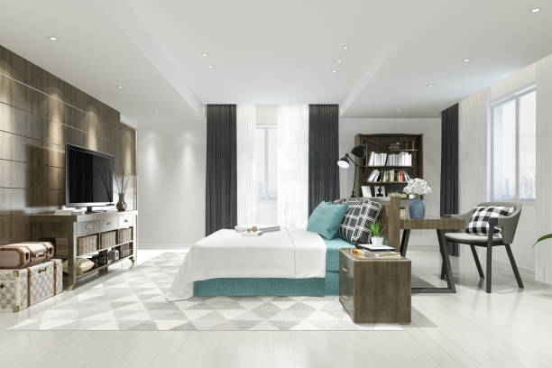 istock 3d rendering beautiful luxury blue bedroom suite in hotel with tv and working table 1173995542
