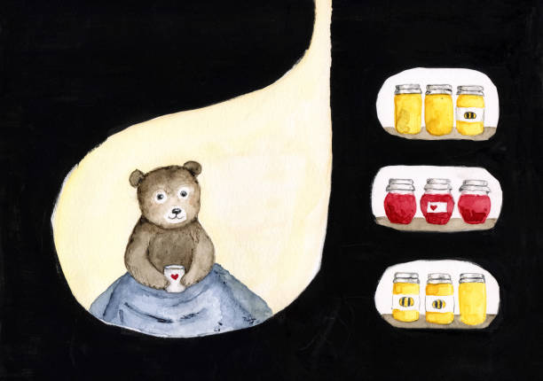 симпатичный бурый медвежонок характер под теплым пледом проведения кофе кружку и зимовки в пещере с различными сладкими консервами в конс� - winter cave bear hibernation stock illustrations