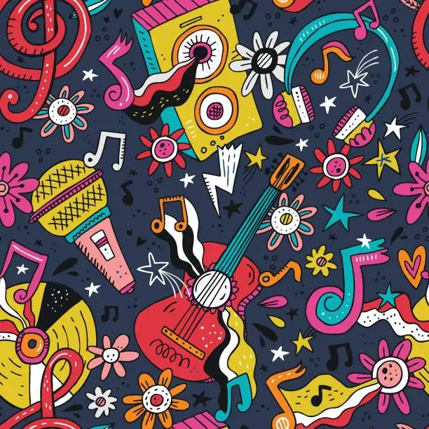 Vector illustration of Rock n roll doodle vector seamless pattern