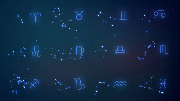 Zodiac constellation Twelve zodiac constellation in night sky, astrology, esotericism, prediction of the future. astrology chart stock illustrations