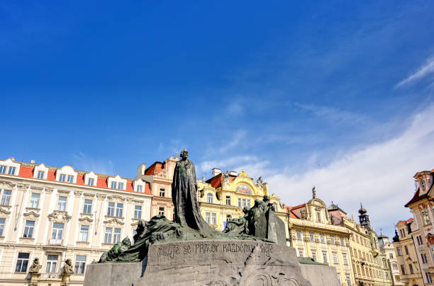 The Jan Hus Memorial stands at one end of Old Town Square, Prague in the Czech Republic.