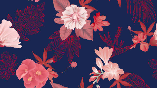 istock Botanical seamless pattern, various red flowers and leaves on dark blue, red and blue tones 1174010346