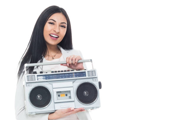 1980s Silver radio boom box with isolated on white.