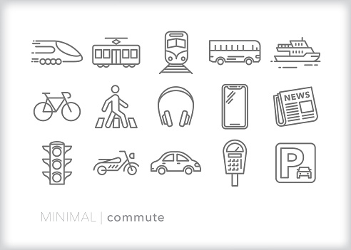 Set of 15 commute line icons for daily commuters going to work by car, bus, train, light rail, ferry, bike, or walking