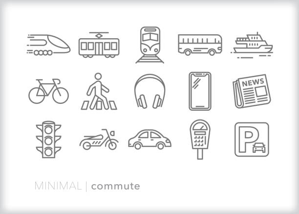 Commute line icons for transport to work Set of 15 commute line icons for daily commuters going to work by car, bus, train, light rail, ferry, bike, or walking public transportation stock illustrations