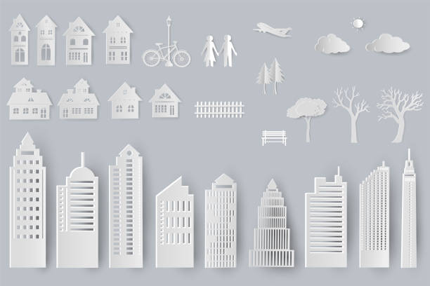 ilustrações, clipart, desenhos animados e ícones de o jogo dos edifícios, casas, árvores isolou objetos para o projeto no papel cortou o estilo - cidade papel