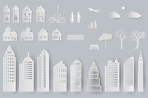 Set of buildings,houses,trees isolated objects for design in paper cut style,vector illustration