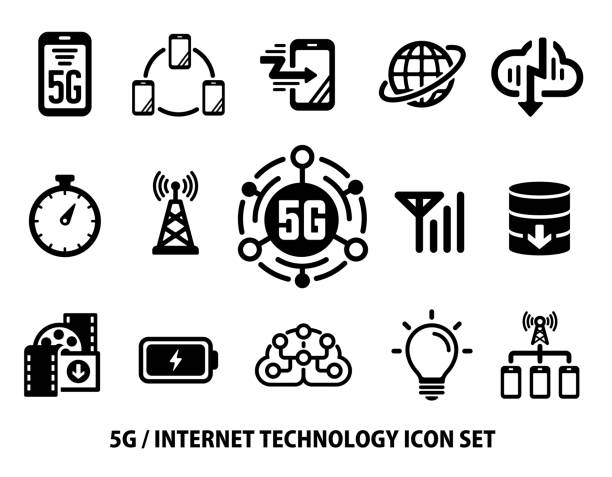 illustrazioni stock, clip art, cartoni animati e icone di tendenza di set di icone piatte vettoriali 5g (comunicazione ad alta velocità di nuova generazione) - smart phone mobility computer icon concepts