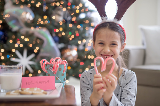 A young ethnic pair of siblings set out a tray of cookies and milk for Santa. They're both wearing reindeer antlers and have big smiles for the camera. There is a plate of cookies, glass of milk, and container of candy canes setting on a tray on top of a bar stool. The Christmas tree is twinkling in the background.