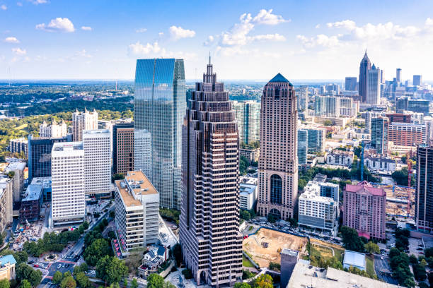 Aerial view downtown Atlanta skyline Aerial view downtown Atlanta skyline, done with 360 degrees image atlanta georgia stock pictures, royalty-free photos & images