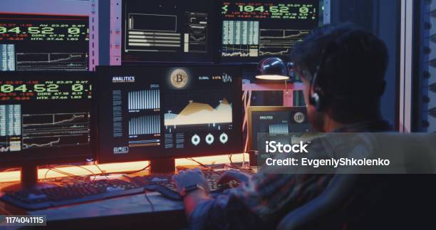 Hacker One Computer Screen Hacker Using Computer With Multiple Monitors Stock Photo - Download ...