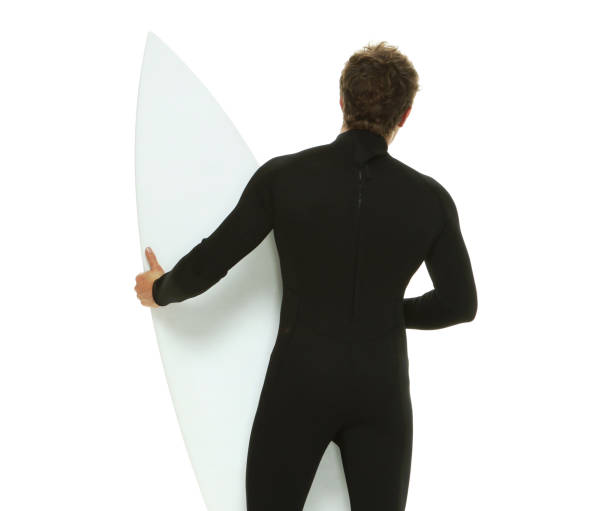 one man only / waist up / rear view of 20-29 years old adult handsome people caucasian male / young men in front of white background wearing wetsuit / swimwear who is excited / happy / smiling / successful / shouting and celebration - thank you excitement waist up horizontal imagens e fotografias de stock