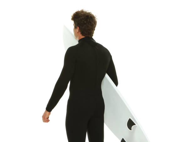 one man only / waist up / rear view of 20-29 years old adult handsome people caucasian male / young men in front of white background wearing wetsuit / swimwear who is excited / happy / smiling / successful / shouting and celebration - thank you excitement waist up horizontal imagens e fotografias de stock