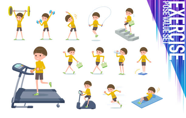 ilustraciones, imágenes clip art, dibujos animados e iconos de stock de tipo plano ropa amarilla bob hair boy_exercise - gym yellow muscular build dumbbell