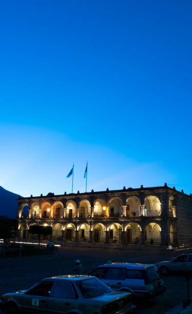 the city hall palace of antigua guatemala, or casa de cabildo, opened in 1740, colonial archway architecture with arches, cultural heritage of humanity. - editorial guatemala antigua tourist imagens e fotografias de stock