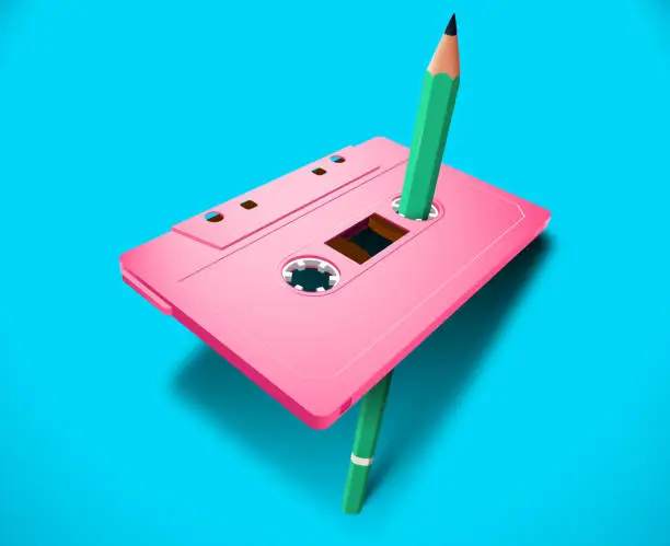 Vector illustration of Pink vibrant vector compact cassette 80s styled with music or data tape and green pencil for manual rewind
