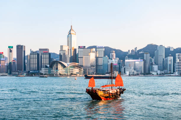 istock Hong Kong skyline with Chinese boat. 1174057969