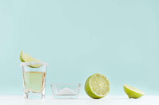 Cooking tropical summer shot drink tequila - ingredients - green lime, bowl with salt, shot glass on pastel mint background.
