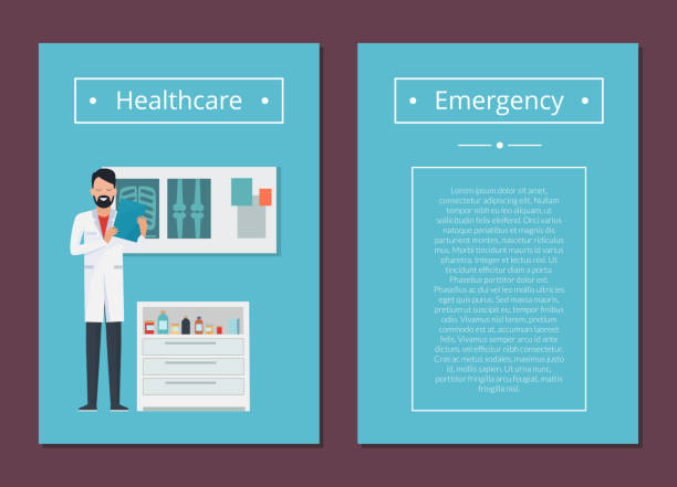 Healthcare and Emergency Set Vector Illustration Healthcare and emergency set, doctor reading results of analysis in his room, detailed information about something in pic beside vector illustration x ray results stock illustrations