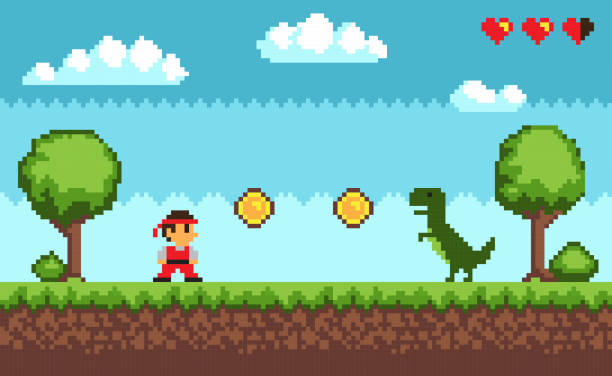 Old Style Pixel Game on Vector Illustration Blue Old style pixel game , picture representing character and dinosaur, coins and health, trees and bushes, sky and clouds on vector illustration pixel sky background stock illustrations