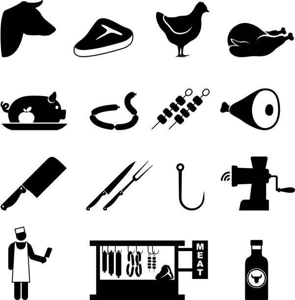 ilustrações de stock, clip art, desenhos animados e ícones de butcher e carne comprar preto & branco vector conjunto de ícones - gancho equipamento