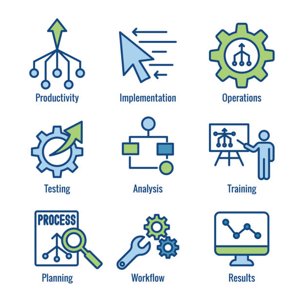 ilustrações, clipart, desenhos animados e ícones de workflow efficiency icon set-tem operações, processos, automação, etc - aerodynamic