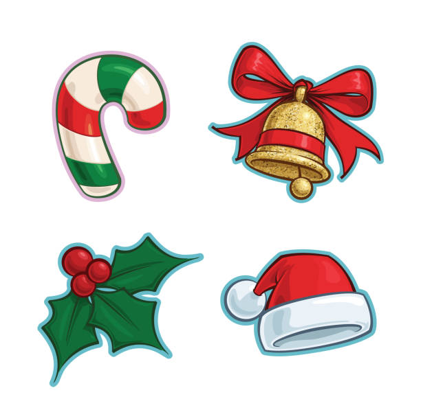 Christmas Cartoon Icon Set - Candy Cane Bell  Holly Santa Hat Vector Cartoon Icon set of a Candy Cane, a Golden Glitter Christmas Bell, a Holly Mistletoe and a Red Santa Hat. Illustrations Lines, Color, Shadows and Lights neatly in well-defined layers & groups no homework clip art stock illustrations