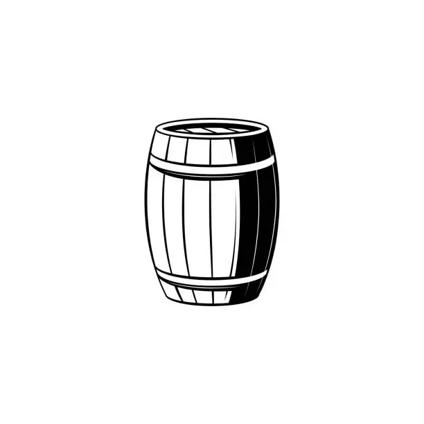 Vector illustration of Wooden barrel with metal hoops for storage of liquids or bulk materials.