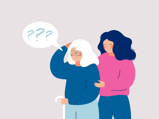 Senior woman leans on a cane, and a social worker supports and helps her. Young female volunteer is caring for an elderly person with dementia. Senior woman leans on a cane, and a social worker supports and helps her. Flat style vector illustration sad old woman stock illustrations
