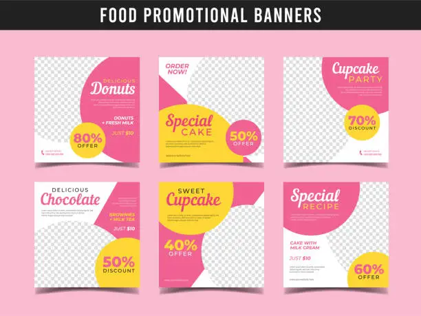 Vector illustration of Sweet cake banner for social media post template. Cupcakes, donuts, birthday cake