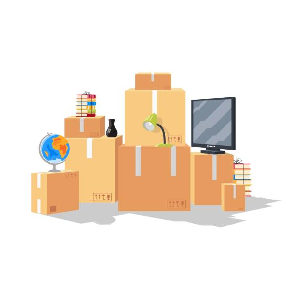 Moving by reason starting of education at university, college at other city, country Moving by reason starting of education at university, college at other city, country. Relocation from parents home, beginning of adulthood. Home furniture, stuff in cardboard boxes. Vector cartoon. belongings stock illustrations