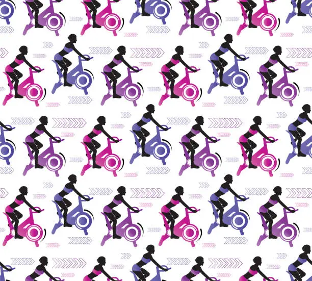 Vector illustration of Seamless pattern workout in the gym. Woman trains on a stationary bike. Sports lifestyle. Vector illustration with young girl in gradient flat style
