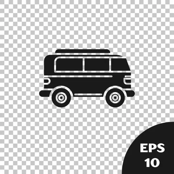 Vector illustration of Black Retro minivan icon isolated on transparent background. Old retro classic traveling van.  Vector Illustration