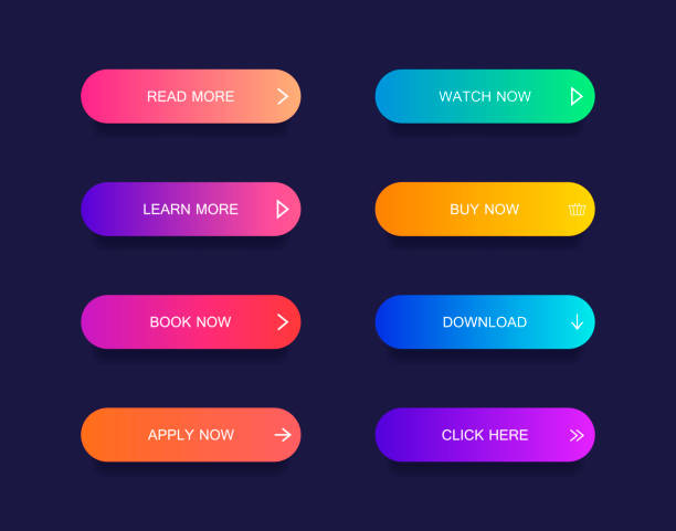 набор современных кнопок материального стиля для веб-сайта, мобильного приложения и инфографики. различные градиентные цвета. современный - push button stock illustrations