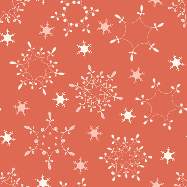 ilustraciones, imágenes clip art, dibujos animados e iconos de stock de patrón vectorial sin costuras con copos de nieve de garabato sobre un fondo de coral - seamless pattern meteorology snowflake