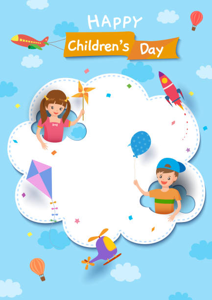 Basic RGB Happy Children's Day with boy and girl playing on cloud with vehicle on sky background. play day stock illustrations