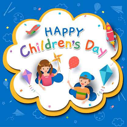 Happy Children's Day with boy and girl playing toys on background.