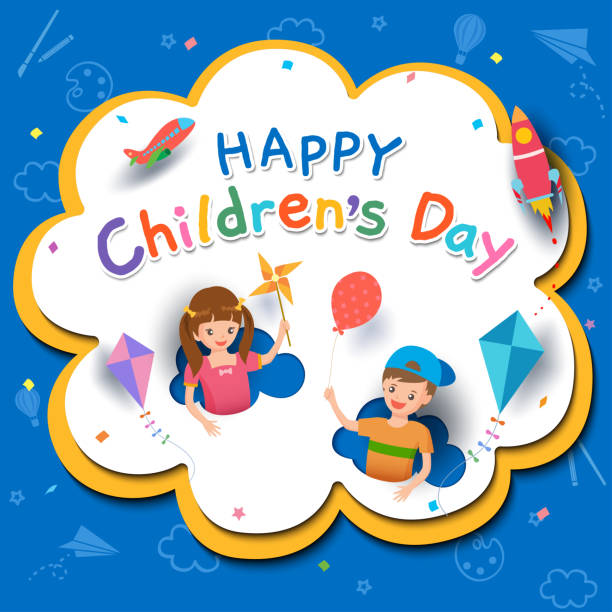 Children-day-poster Happy Children's Day with boy and girl playing toys on background. play day stock illustrations