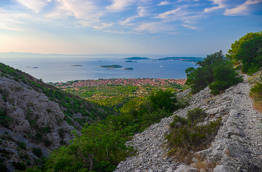 View of the Orebic town in Croatia, Peljesac, Dalmatia. View from the mountain. Saint Ilija / Sveti Ilija route.