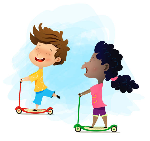 multiethnische kinder, die auf rollern fahren. - scoot stock-grafiken, -clipart, -cartoons und -symbole