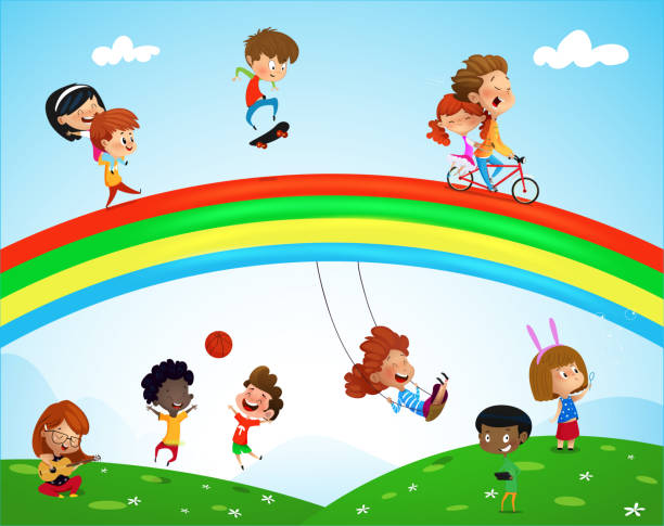 Illustration of Kids of Different Ethnicities Illustration of Kids of Different Ethnicities playing on Rainbow. african american boy drawing stock illustrations
