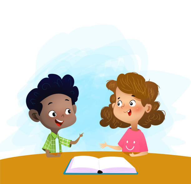 ilustraciones, imágenes clip art, dibujos animados e iconos de stock de dos niños hablando y discuten el libro en la biblioteca. - back to school talking discussion education